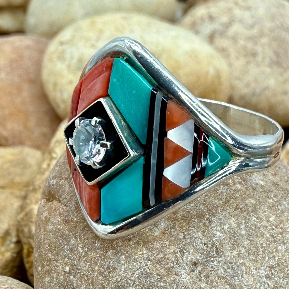 Navajo Sterling Silver Inlay Ring Coral Turquoise Onyx MOP CZ Center Size 12.5